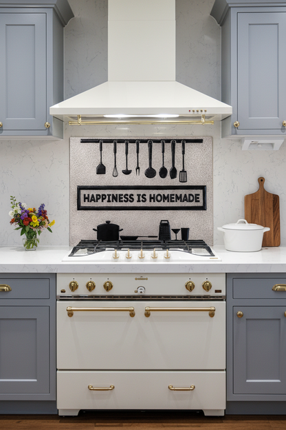 48 Inch Happiness is Homemade Gray & Black Copper Backsplash Over 48" Professional Range