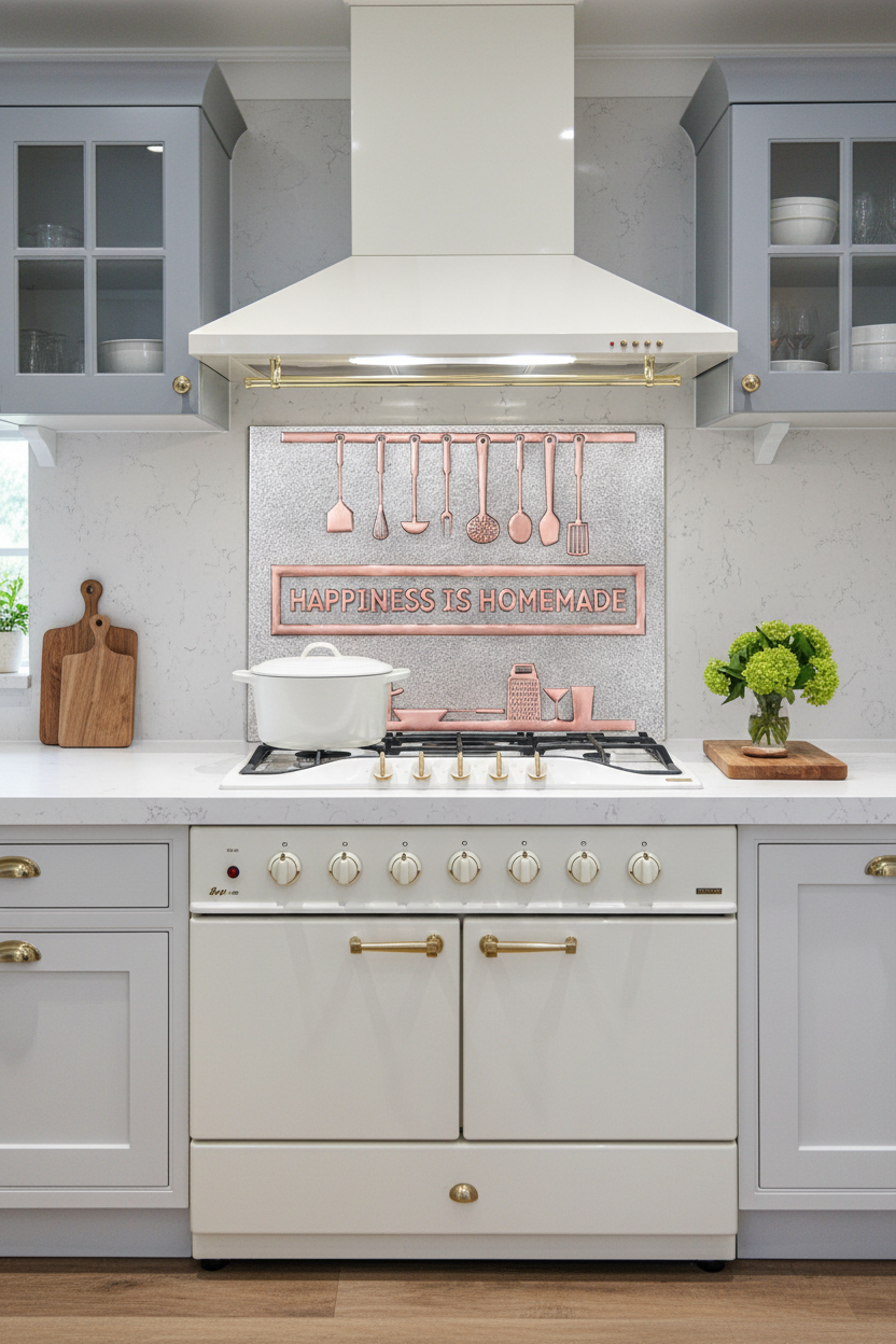 48 Inch Happiness is Homemade Gray & Copper Backsplash Over 48" Professional Range