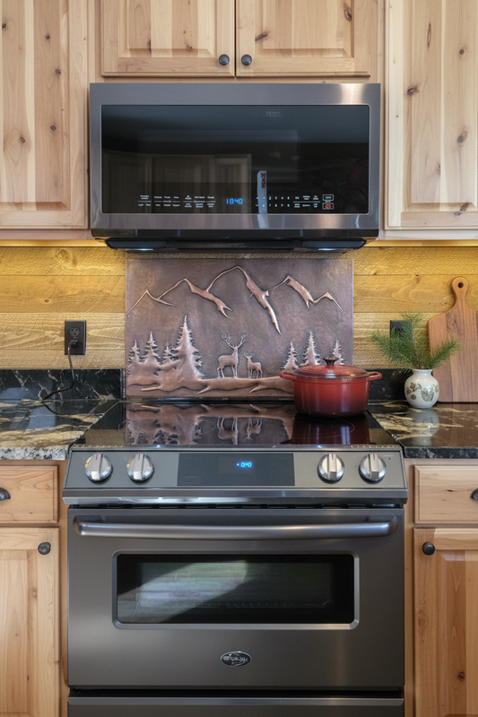 48 Inch Rustic Brown Deer Copper Backsplash Over 48" Professional Range Mountain Lodge