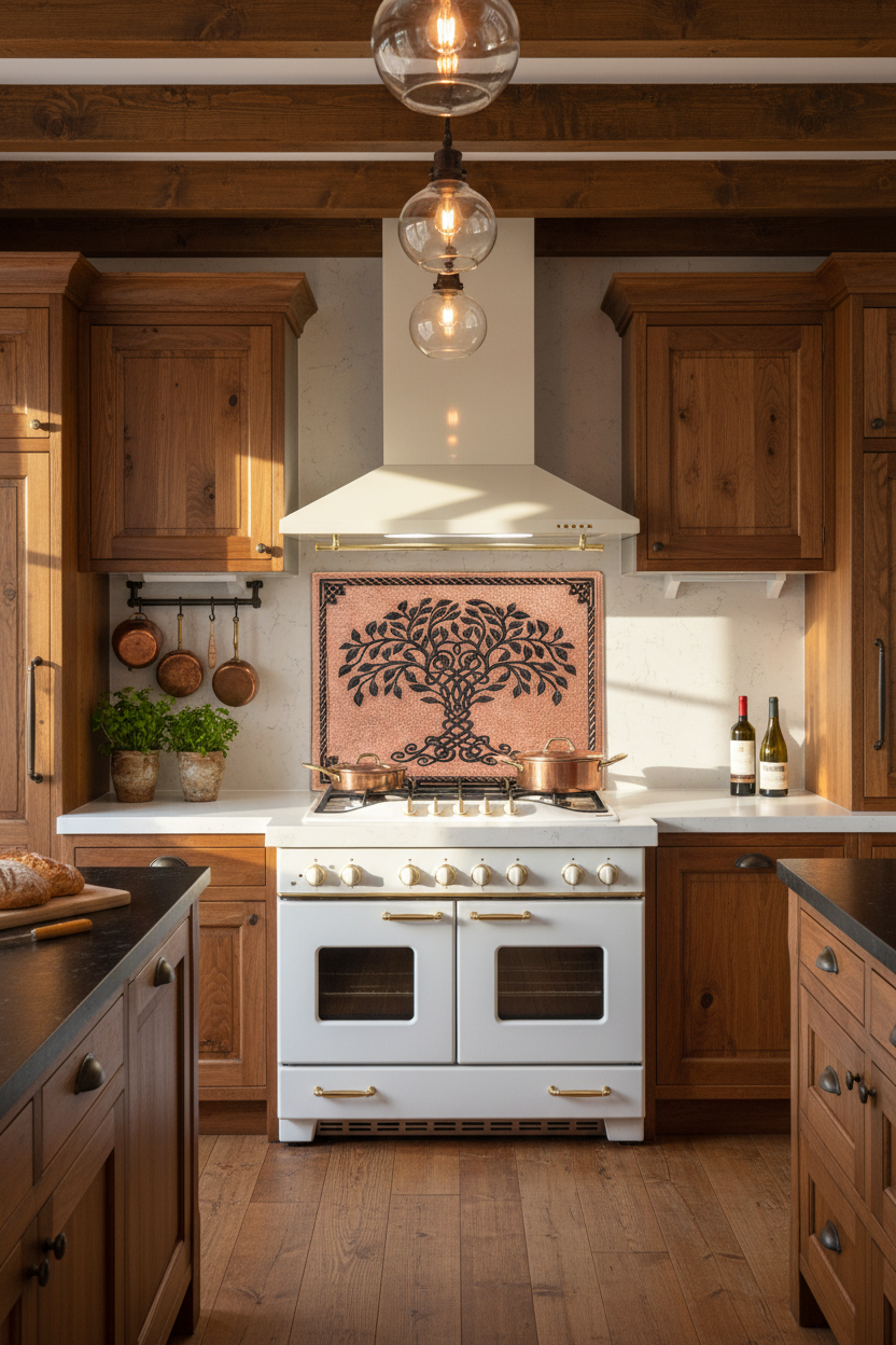 48x30 Inch Copper Black Tree of Life Backsplash Front View Ultra-Luxury Celtic-Inspired Kitchen