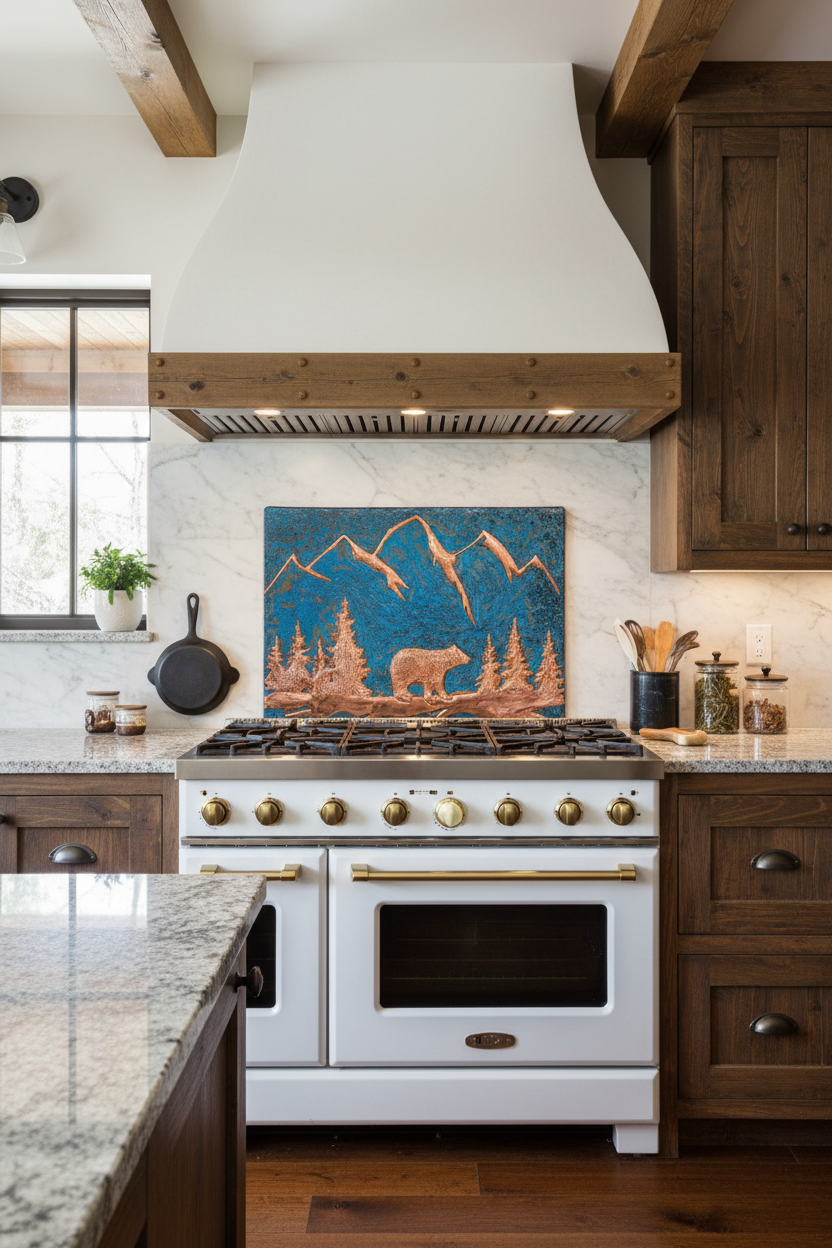 5. Fire Patina - Bear backsplash rustic kitchen copper relief fired patina 48-60 inches