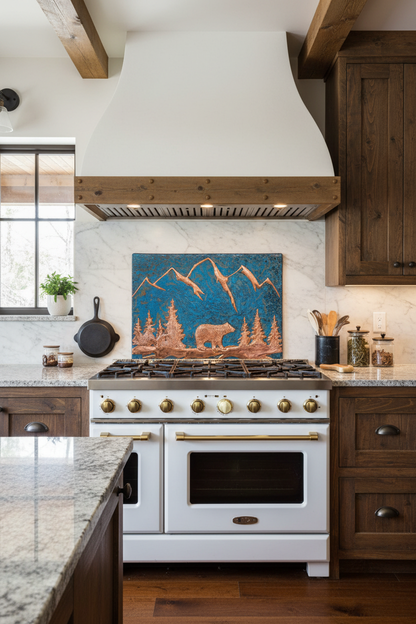 5. Fire Patina - Bear backsplash rustic kitchen copper relief fired patina 48-60 inches