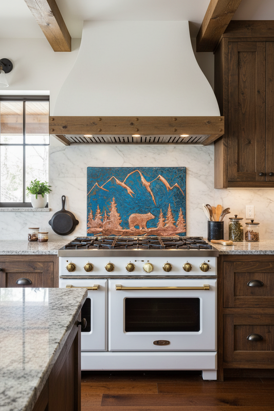 5. Fire Patina - Bear backsplash rustic kitchen copper relief fired patina 48-60 inches
