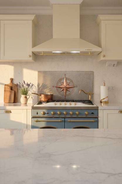 54 Inch Compass Rose Gray & Copper Backsplash Over 54" Professional Range French Country