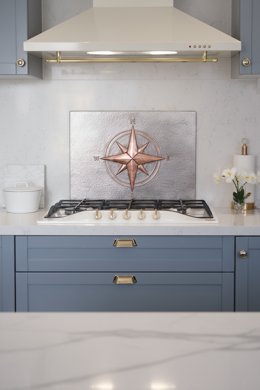 54 Inch Compass Rose Gray & Copper Backsplash Over 54" Professional Range Luxury Transitional