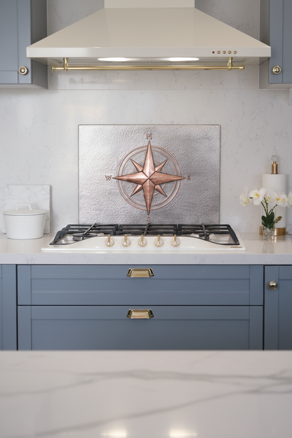 54 Inch Compass Rose Gray & Copper Backsplash Over 54" Professional Range Luxury Transitional