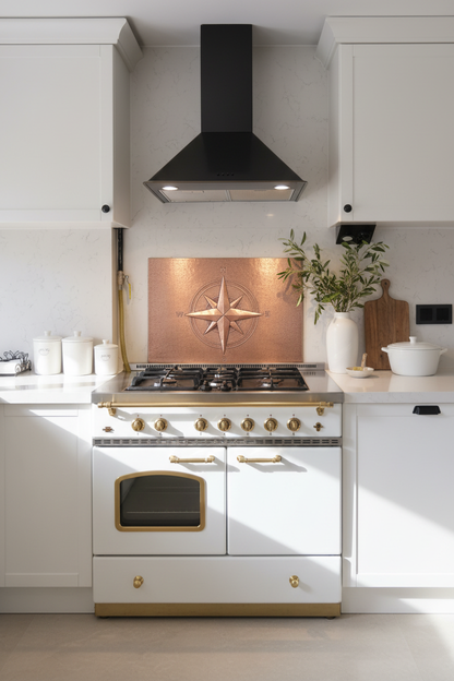 54 Inch Compass Rose Natural Copper Backsplash Over 54" Professional Range Mediterranean Coastal
