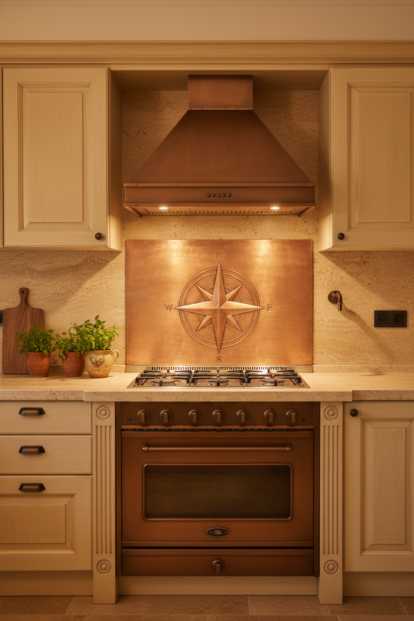 54 Inch Compass Rose Natural Copper Backsplash Over 54" Professional Range Tuscan Villa