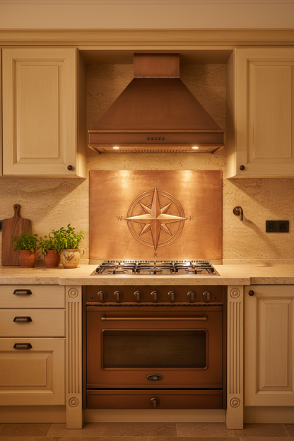 54 Inch Compass Rose Natural Copper Backsplash Over 54" Professional Range Tuscan Villa