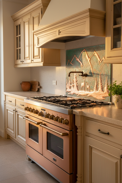 54 Inch Green Verdigris Deer Copper Backsplash Over 54" Professional Range Mediterranean Villa