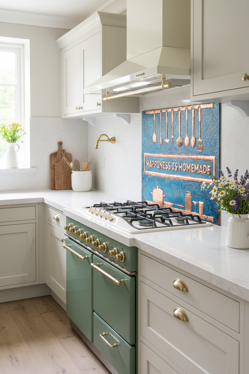54 Inch Happiness is Homemade Blue Patina Copper Backsplash Over 54" Professional Range Cottage