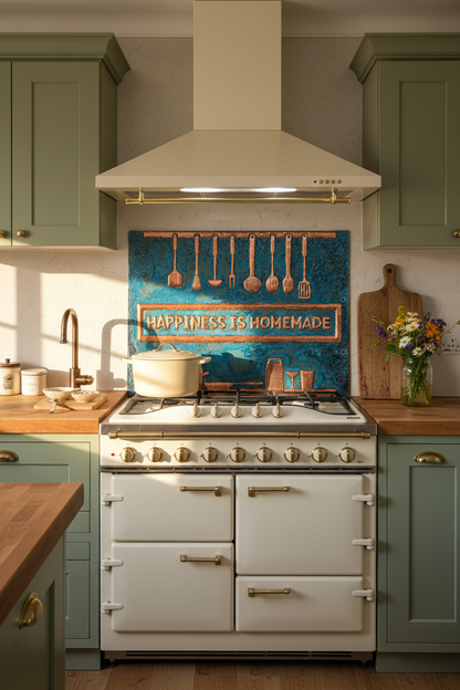 54 Inch Happiness is Homemade Blue Patina Copper Backsplash Over 54" Professional Range Vintage