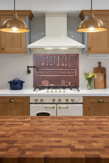 54 Inch Happiness is Homemade Brown Patina Copper Backsplash Over 54" Professional Range