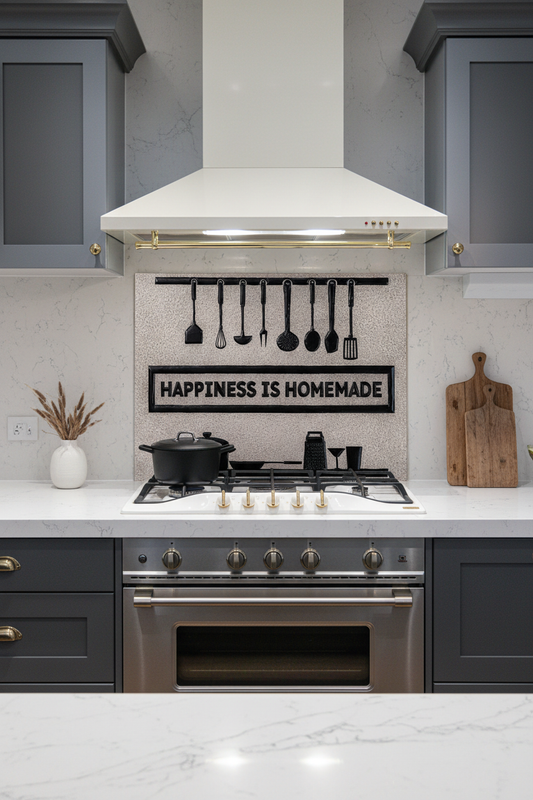 54 Inch Happiness is Homemade Gray & Black Copper Backsplash Over 54" Professional Range Contemporary