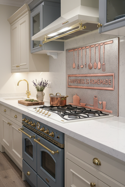 54 Inch Happiness is Homemade Gray & Copper Backsplash Over 54" Professional Range French Country