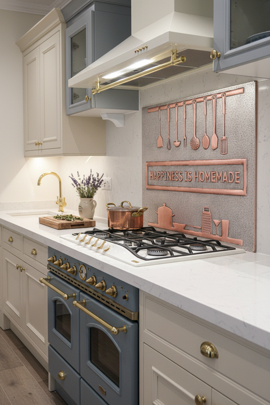 54 Inch Happiness is Homemade Gray & Copper Backsplash Over 54" Professional Range French Country