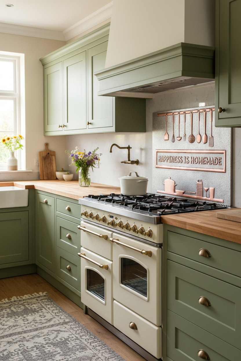 54 Inch Happiness is Homemade Gray & Copper Backsplash Over 54" Professional Range Vintage Farmhouse