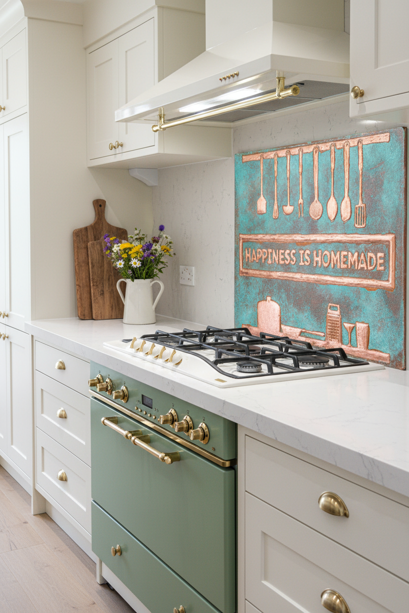 54 Inch Happiness is Homemade Green Patina Copper Backsplash Over 54" Professional Range Cottage