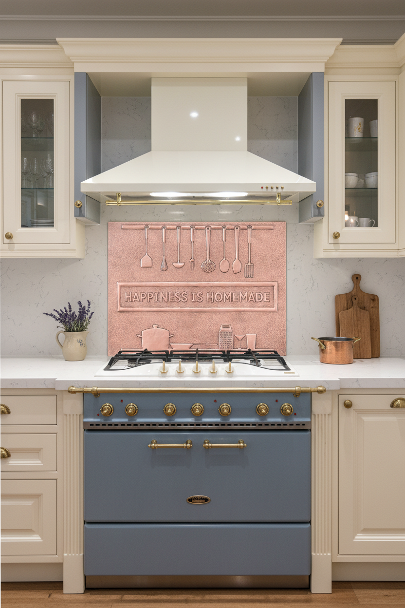 54 Inch Happiness is Homemade Natural Copper Backsplash Over 54" Professional Range