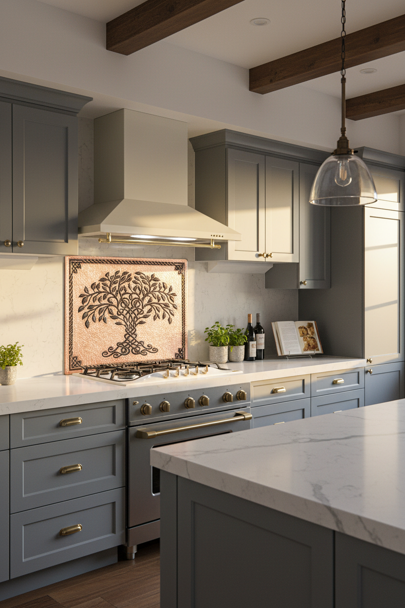 54x32 Inch Copper Black Tree of Life Backsplash Angled Right View Ultra-Luxury Contemporary Celtic Kitchen