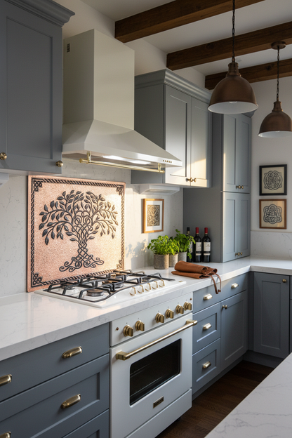 54x32 Inch Copper Black Tree of Life Backsplash Closer Angled Right View Ultra-Luxury Contemporary Celtic Kitchen