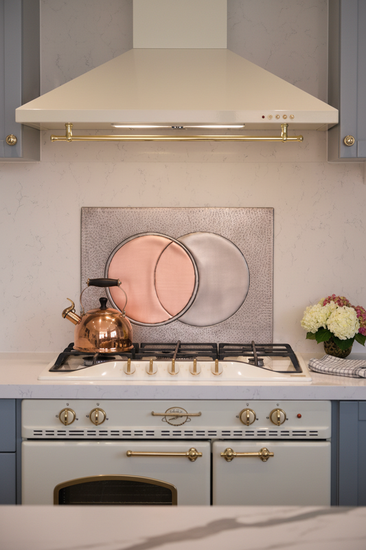 54x36 Inch Eclipse Gray & Copper Backsplash Front Close-Up Soft Gray Kitchen