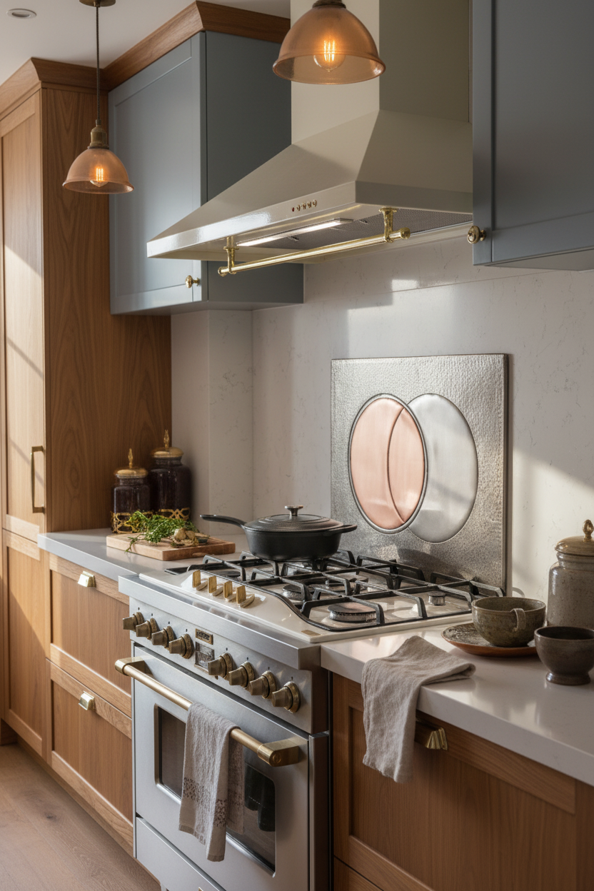54x36 Inch Eclipse Gray & Copper Backsplash Walnut Kitchen Diagonal Perspective