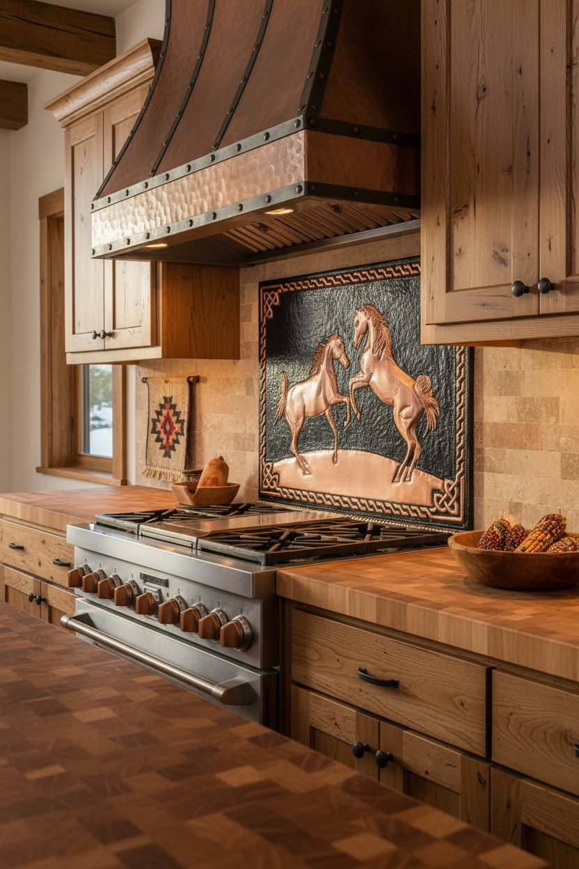 54x36 Inch Wild Horses Black Copper Backsplash Close-Up Ultra-Luxury Mountain Ranch Kitchen