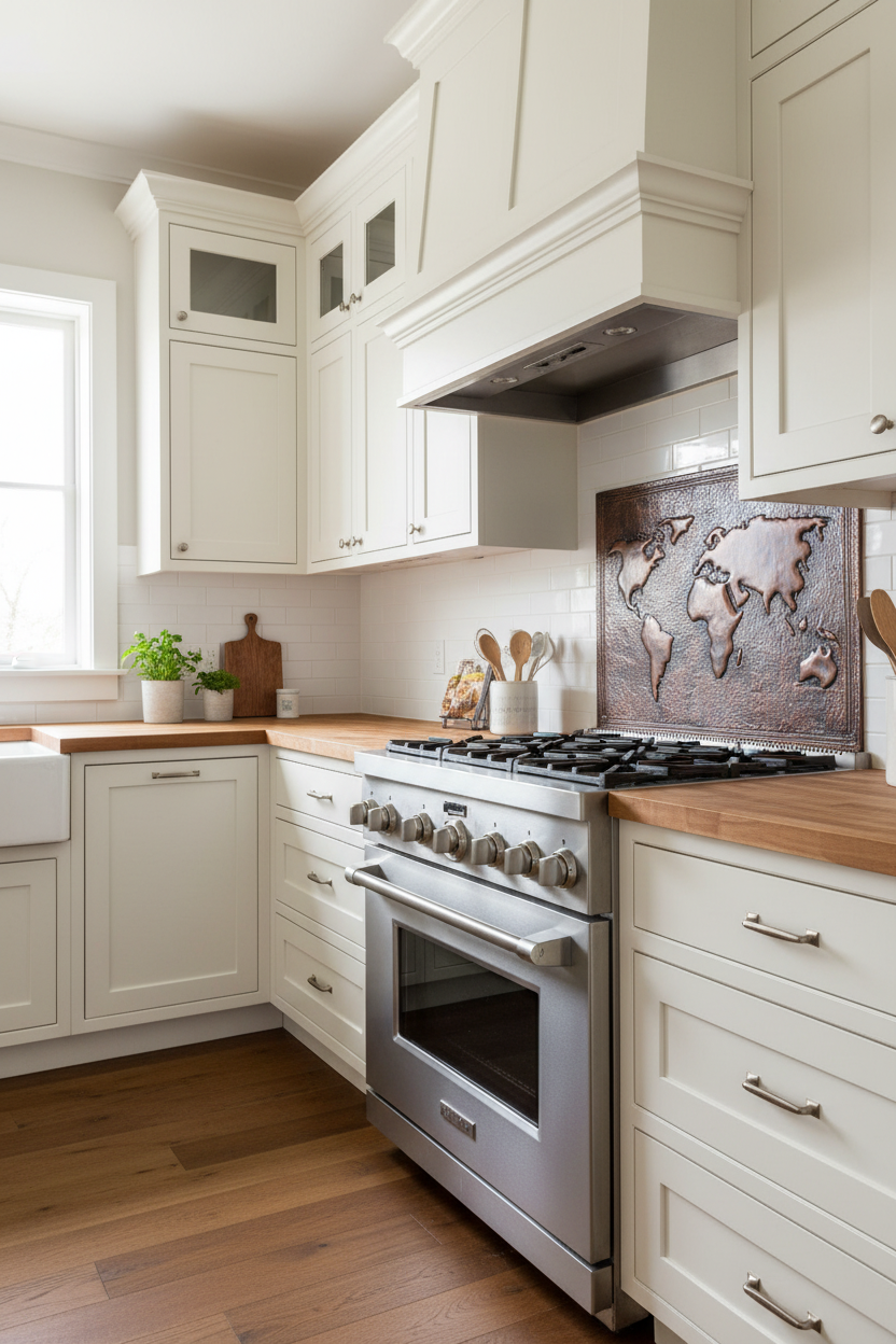 54x36 Inch World Map Brown Copper Backsplash Angled View Luxury Cottage Kitchen