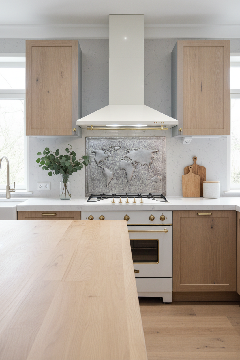 54x36 Inch World Map Gray Copper Backsplash Scandinavian Modern Kitchen