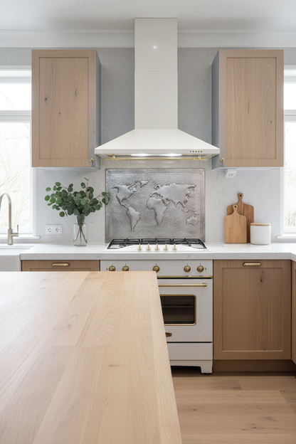 54x36 Inch World Map Gray Copper Backsplash Scandinavian Modern Kitchen