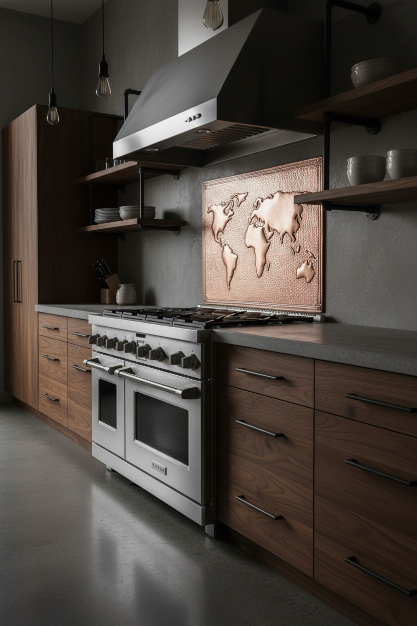 54x36 Inch World Map Natural Copper Backsplash Angled View Luxury Industrial Loft Kitchen