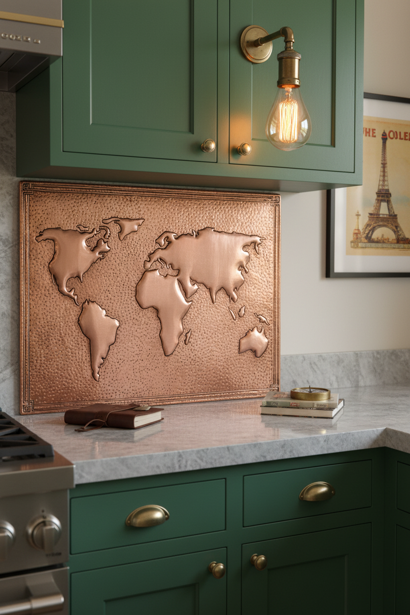 54x36 Inch World Map Natural Copper Backsplash Close-Up Ultra-Luxury Gentleman Kitchen
