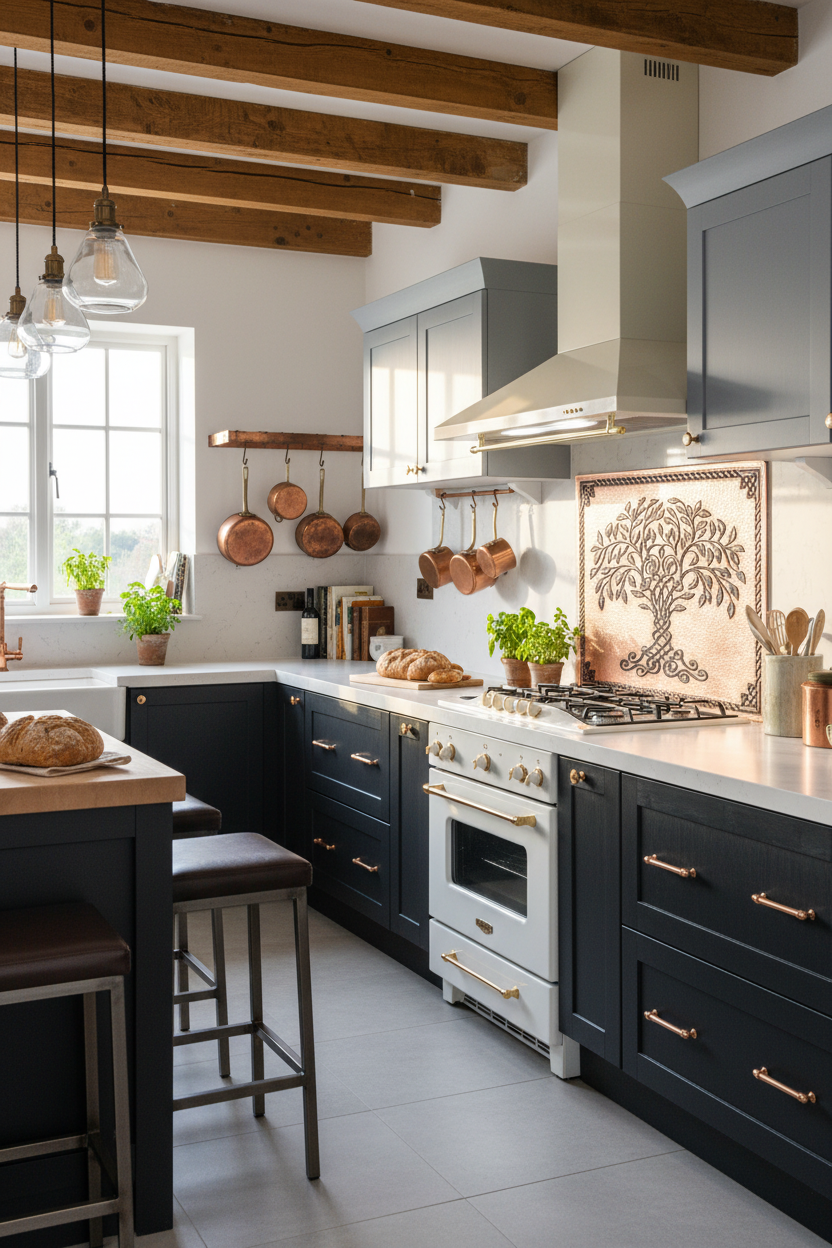 56x34 Inch Copper Black Tree of Life Backsplash Angled Left View Ultra-Luxury Modern Kitchen
