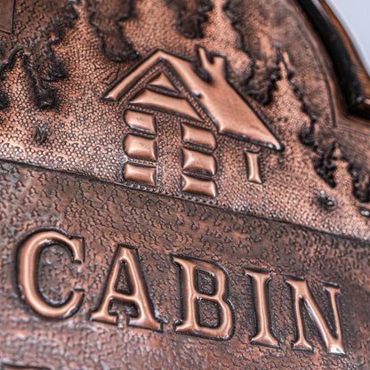 Copper Cabin Name Sign (Cabin and Pine Trees, Personalized, Brown Patina)