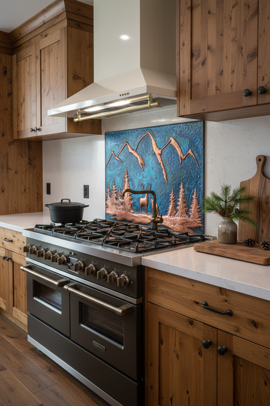 60 Inch Blue Deer Copper Backsplash Over 60" Professional Range Mountain Lodge