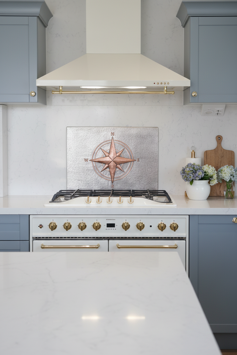 60 Inch Compass Rose Gray & Copper Backsplash Over 60" Professional Range Coastal Farmhouse