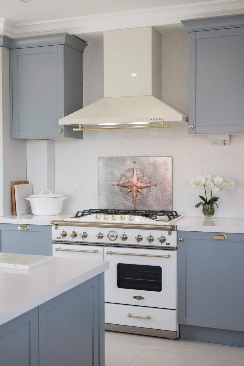 60 Inch Compass Rose Gray & Copper Backsplash Over 60" Professional Range Elegant Transitional