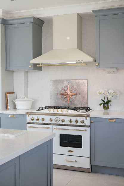 60 Inch Compass Rose Gray & Copper Backsplash Over 60" Professional Range Elegant Transitional