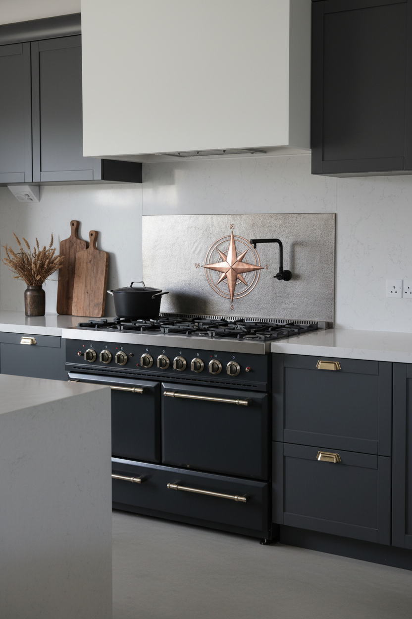 60 Inch Compass Rose Gray & Copper Backsplash Over 60" Professional Range Industrial Modern