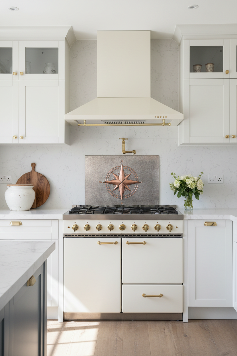 60 Inch Compass Rose Gray & Copper Backsplash Over 60" Professional Range Modern Farmhouse