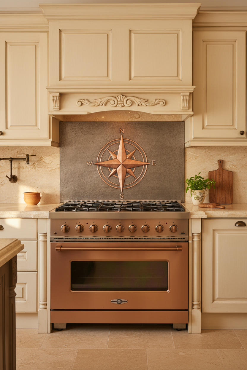 60 Inch Compass Rose Gray & Copper Backsplash Over 60" Professional Range Tuscan Villa