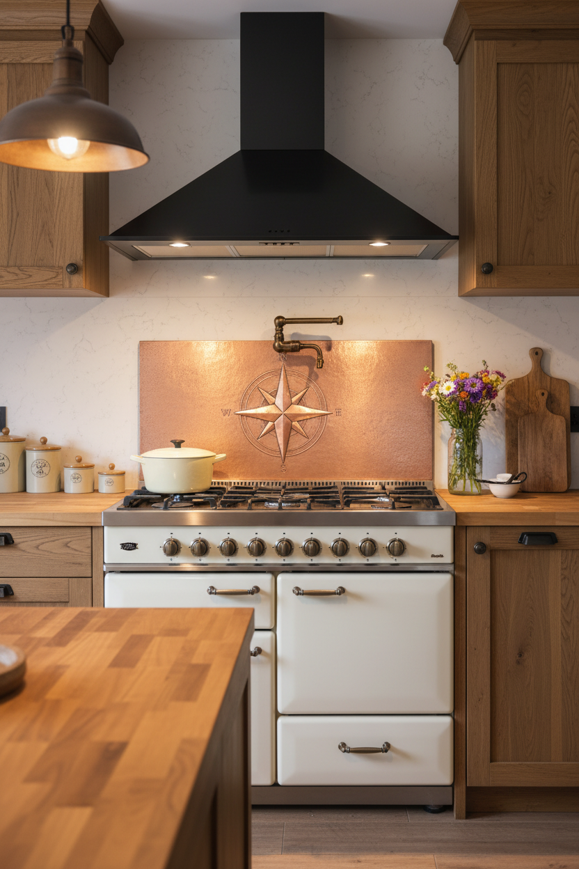 60 Inch Compass Rose Natural Copper Backsplash Over 60" Professional Range Rustic Farmhouse