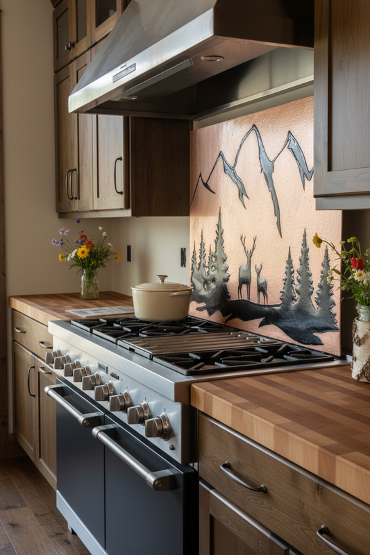 60 Inch Copper & Black Deer Backsplash Over 60" Professional Range Mountain Cabin