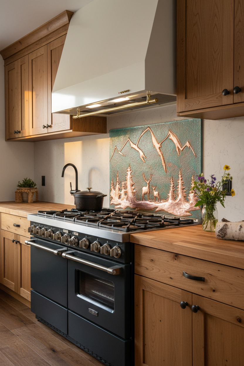 60 Inch Green Verdigris Deer Copper Backsplash Over 60" Professional Range Wilderness Lodge