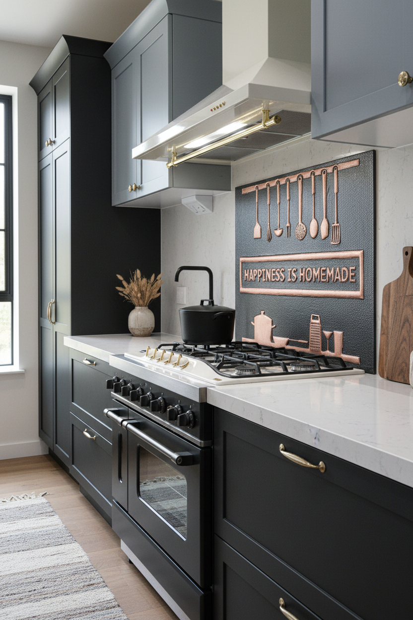 60 Inch Happiness is Homemade Black Copper Backsplash Over 60" Professional Range Contemporary