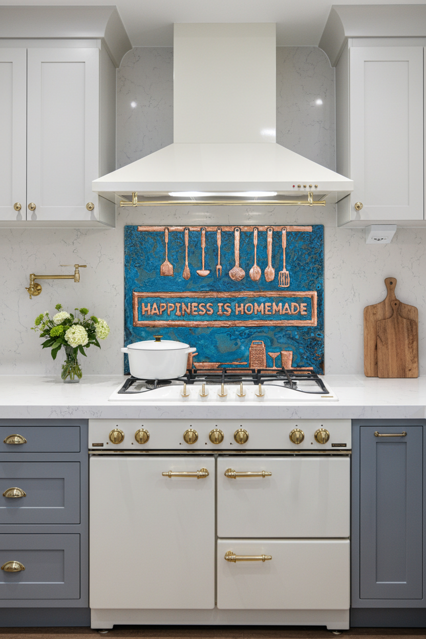 60 Inch Happiness is Homemade Blue Patina Copper Backsplash Over 60" Professional Range Modern