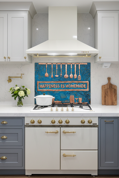60 Inch Happiness is Homemade Blue Patina Copper Backsplash Over 60" Professional Range Modern