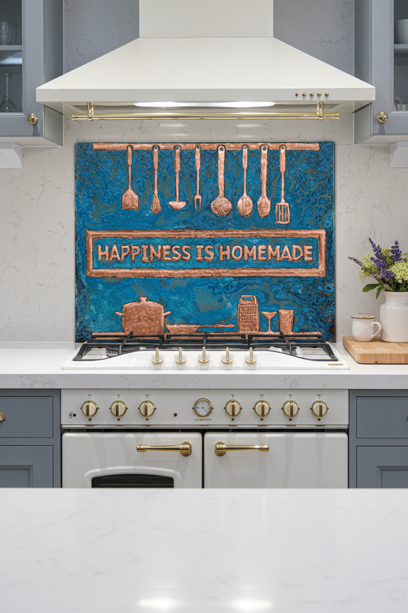 60 Inch Happiness is Homemade Blue Patina Copper Backsplash Over 60" Professional Range