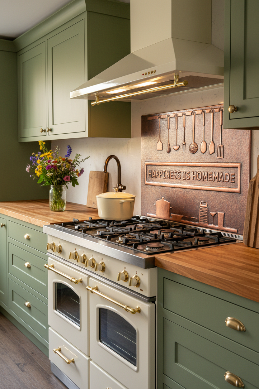60 Inch Happiness is Homemade Brown Patina Copper Backsplash Over 60" Professional Range Vintage